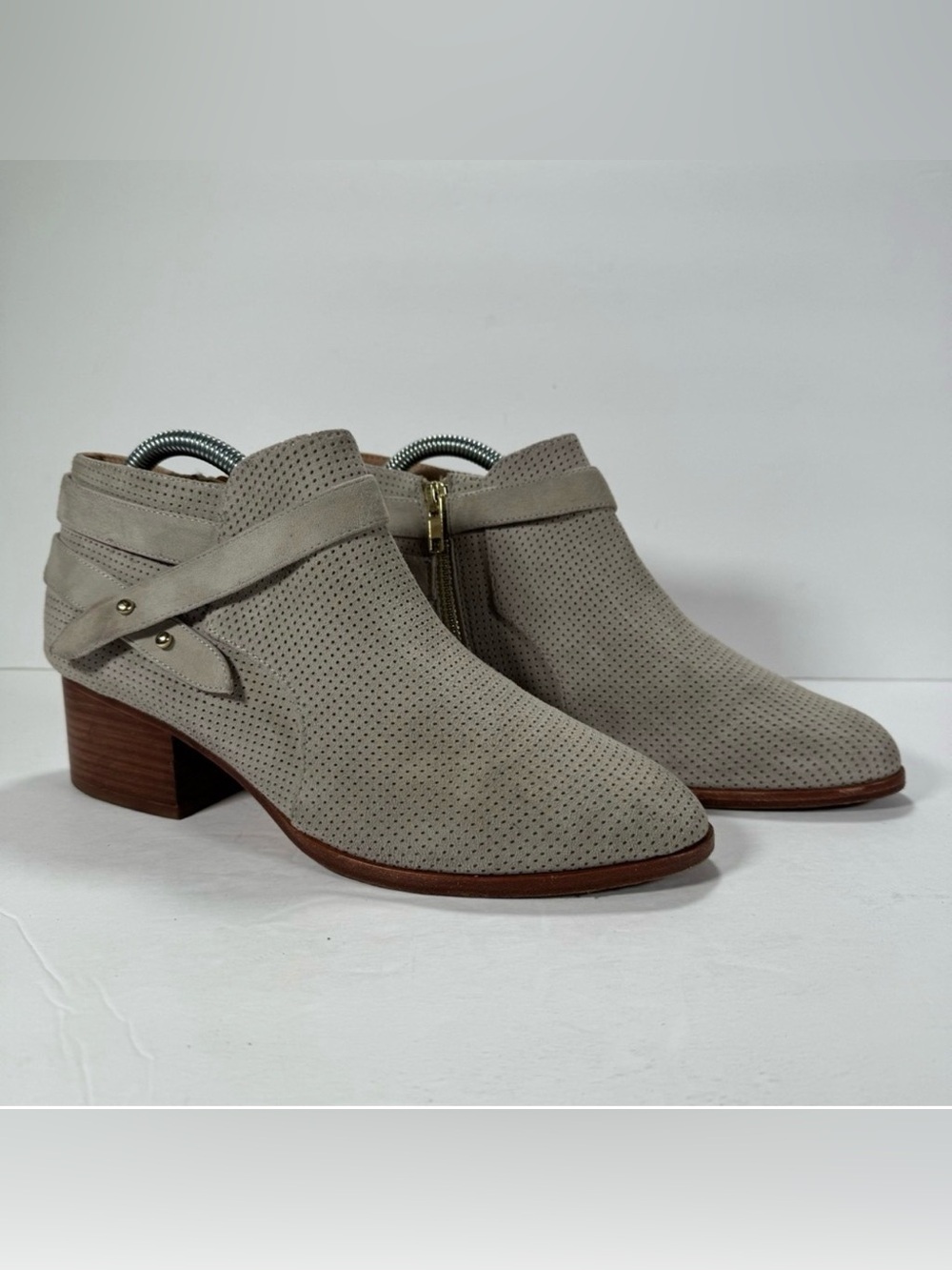 Anthropologie Gray Suede Perforated Wrap Block Heel Booties Women Size 9M